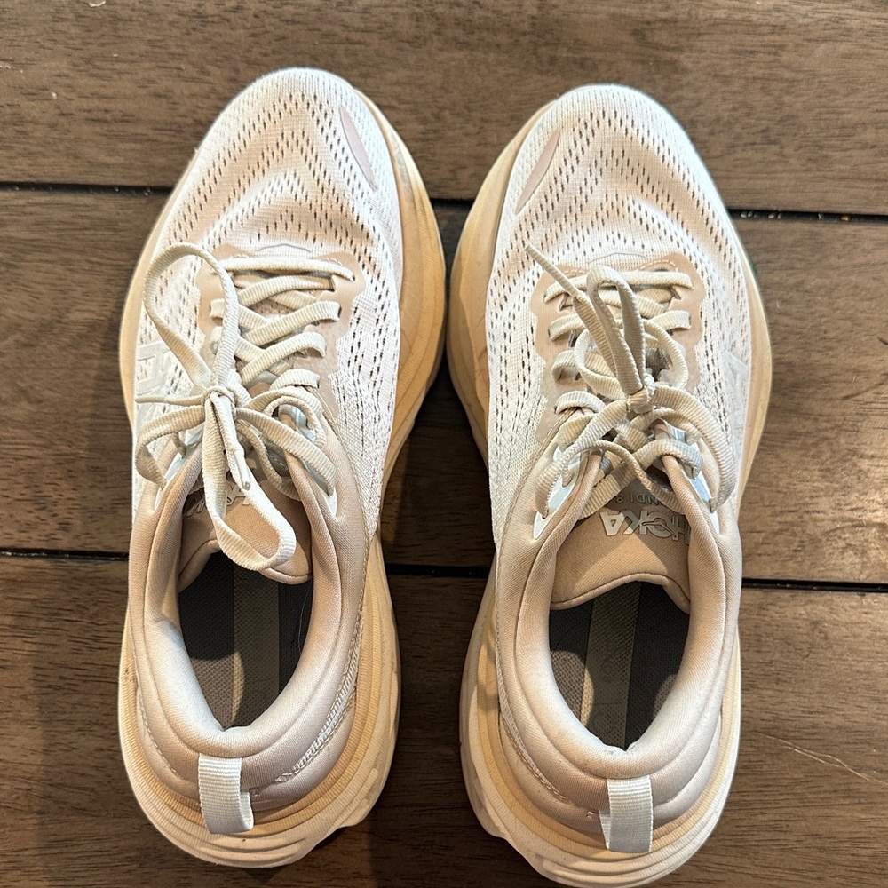 Hoka Bondi 8 Cream and White Athletic Sneakers